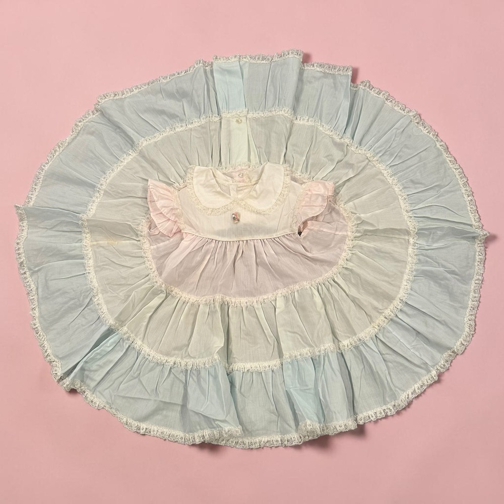 VTG 80s Bryan Pastel Tiered Cupcake Dress Rainbow Lace Ruffle Easter Party USA